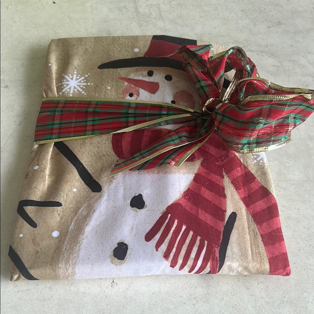 Festive Snowman Shower Curtain with Red and Green Plaid Ribbon